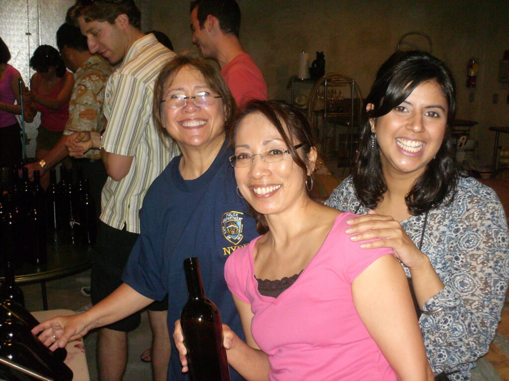 group of people bottling wine